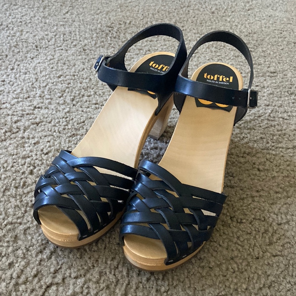 Swedish Hasbeens Heeled Sandal Clogs Sz 40 Black